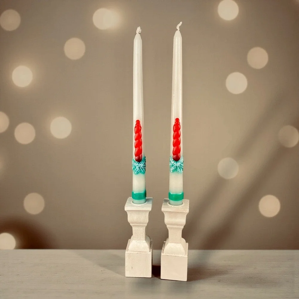 1950s Christmas Taper Candles‎ Red Green Snow Drip Pair Wood Holders Never Lit