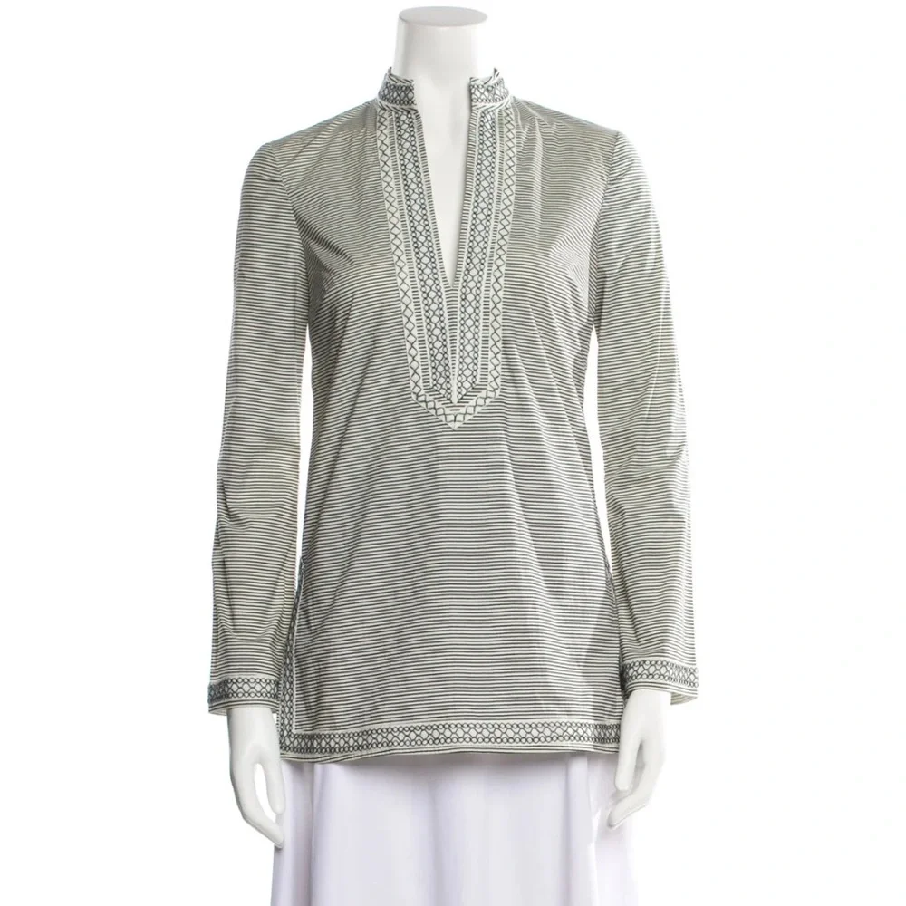 TORY BURCH Skinny Stripe Tunic Top Navy White Embroidered Size 4‎ NWT
