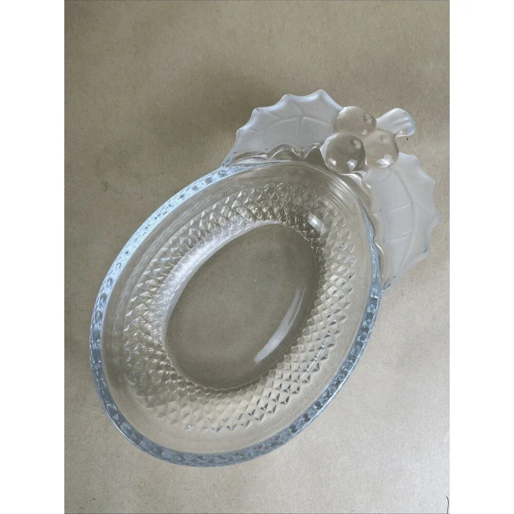 Mikasa Studio Nova‎ Candy Dish Christmas Bowl Frosted Holly Berries Clear Glass