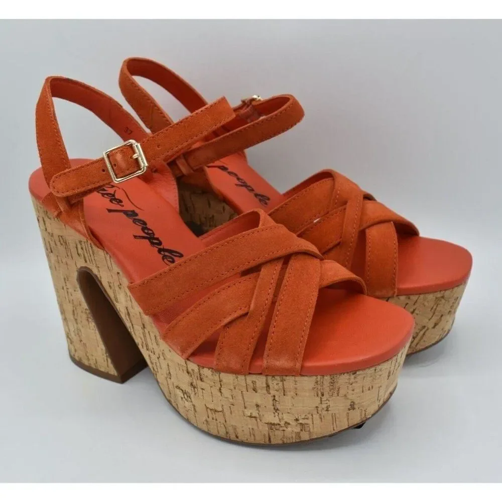 Free People Size EU 38 US 8 Lisbon Sunstar‎ Mary Jane Orange Platform Sandals