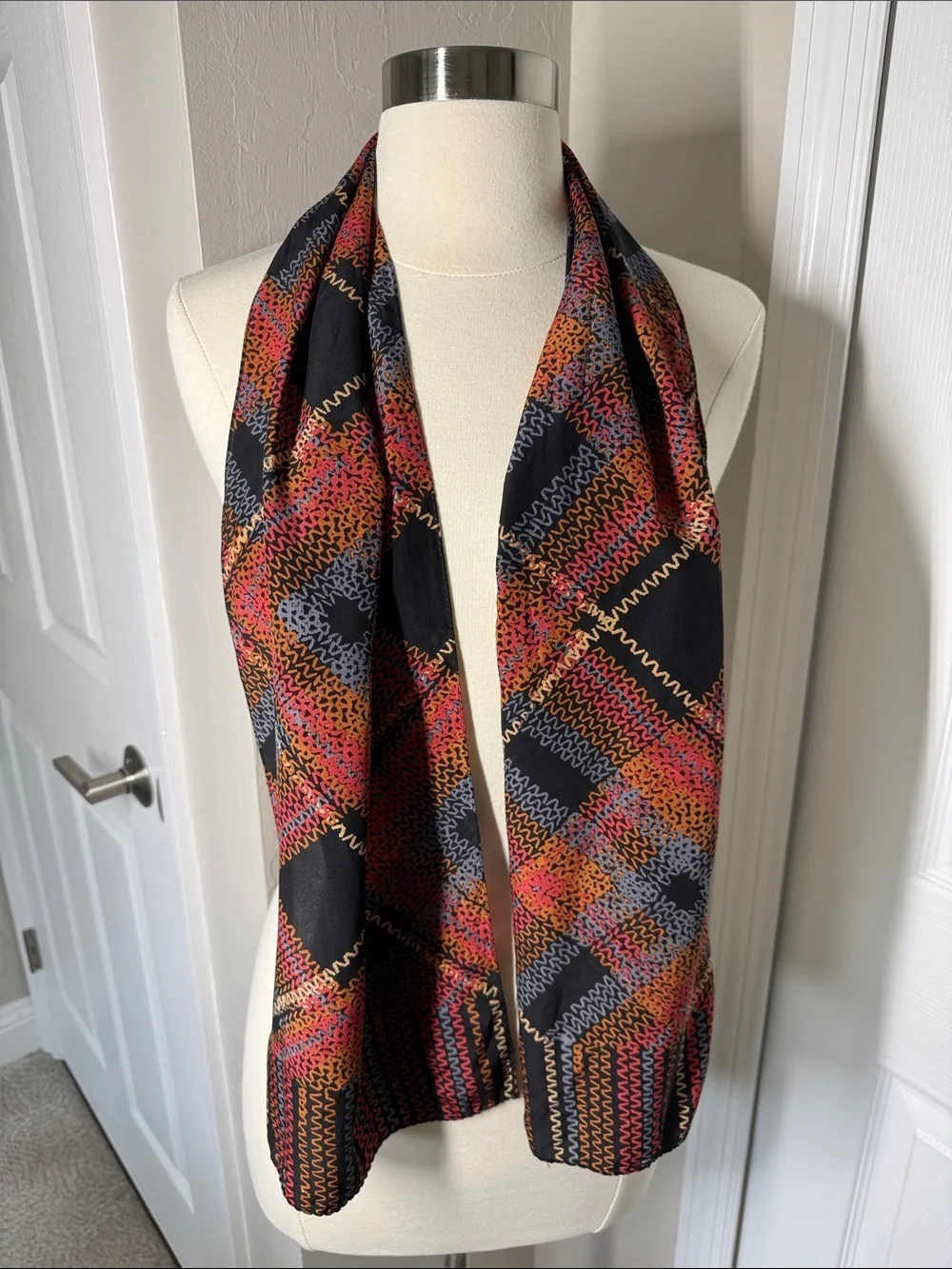 Anne Klein silk scarf black orange pink yellow blue squiggle line plaid print