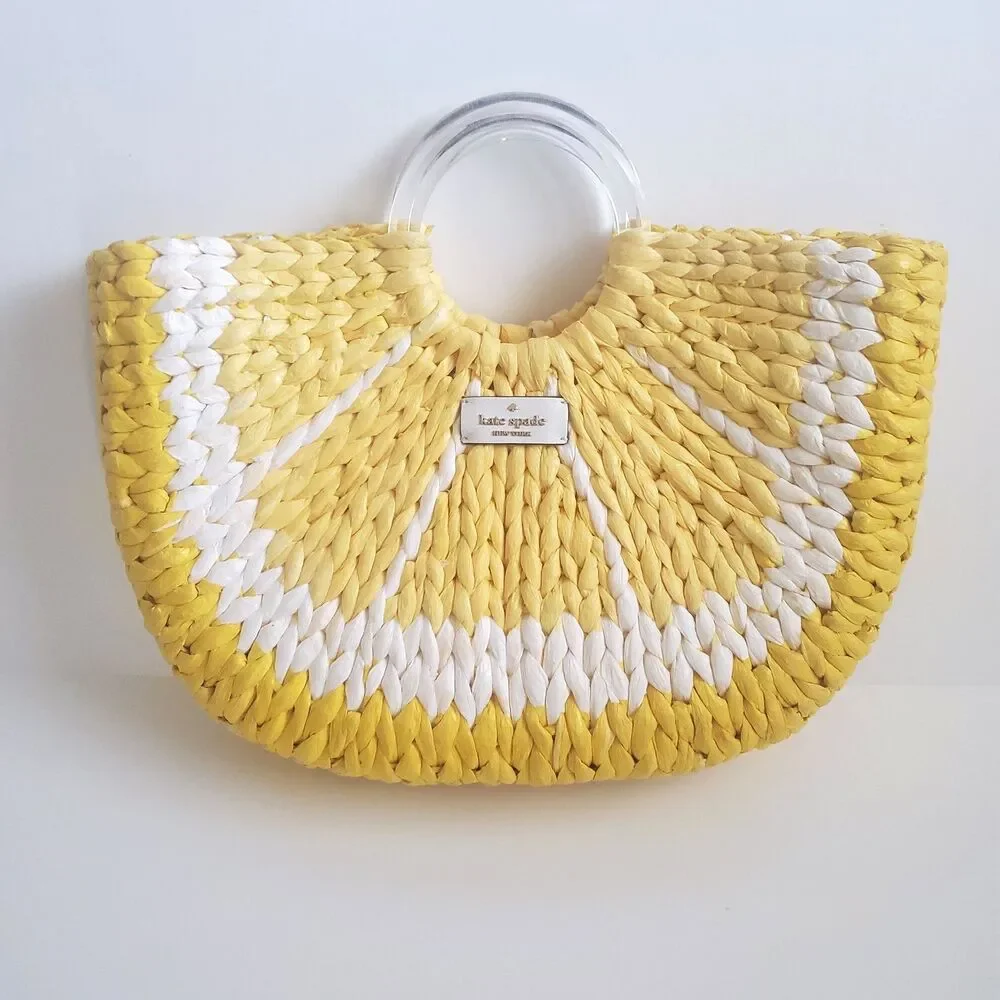 Kate Spade Women's Tote Yellow Rattan Straw Perfect Lemon Slice Picnic Beach
