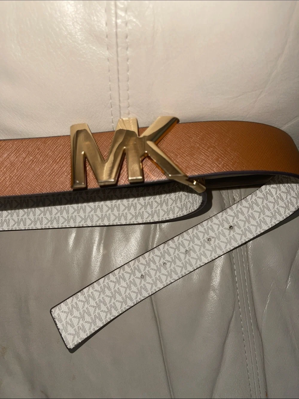 Michael Kors Reversible Belt Brown and White with Gold MK Buckle Size 38-42