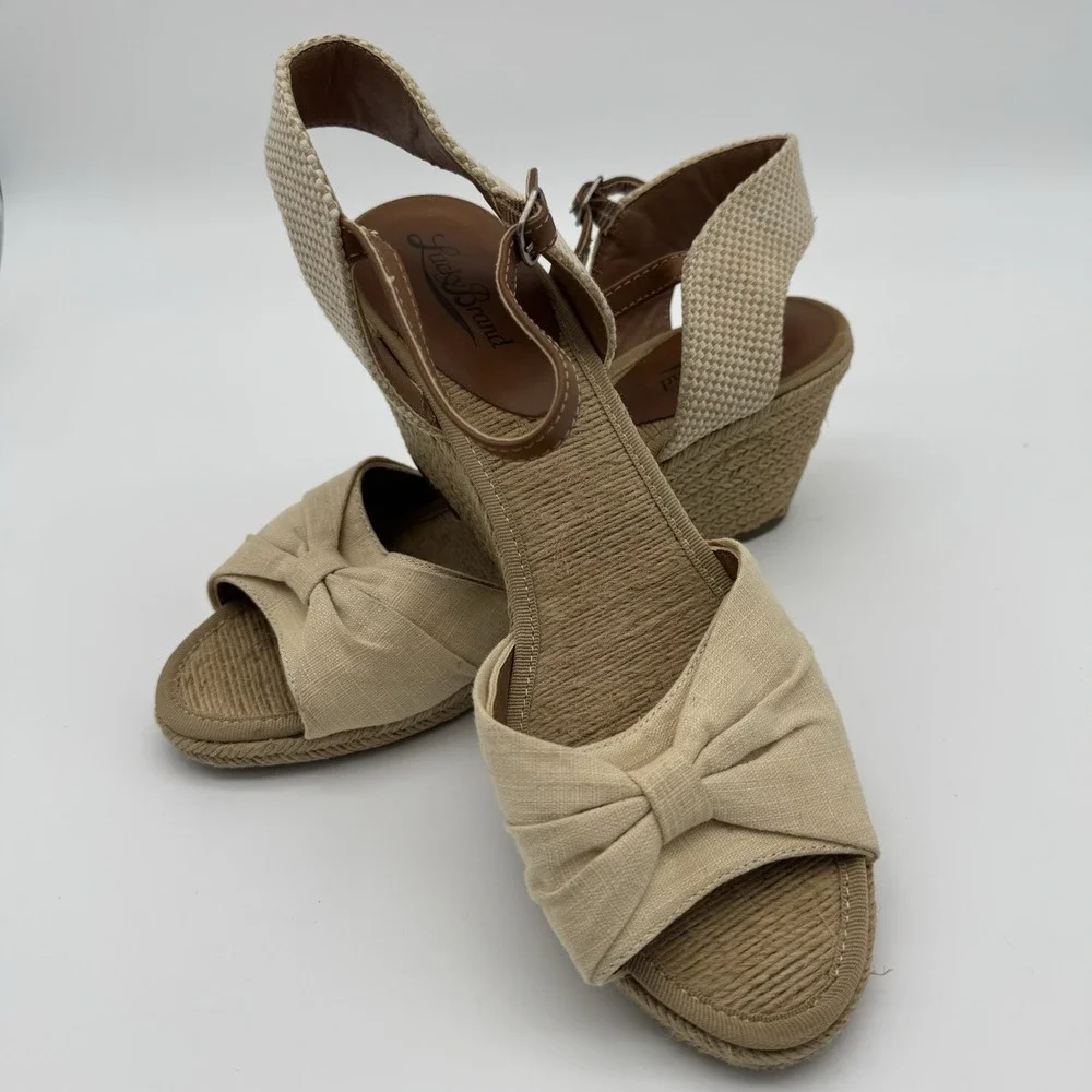 Lucky Brand Kavala Espadrille Jute Wedge Sandals Cream Bow Womens‎ Size 10 B