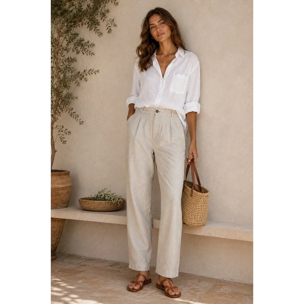 Reformation Pants Women Sz 10 Light Beige 100% Linen Pleated Relaxed Coastal