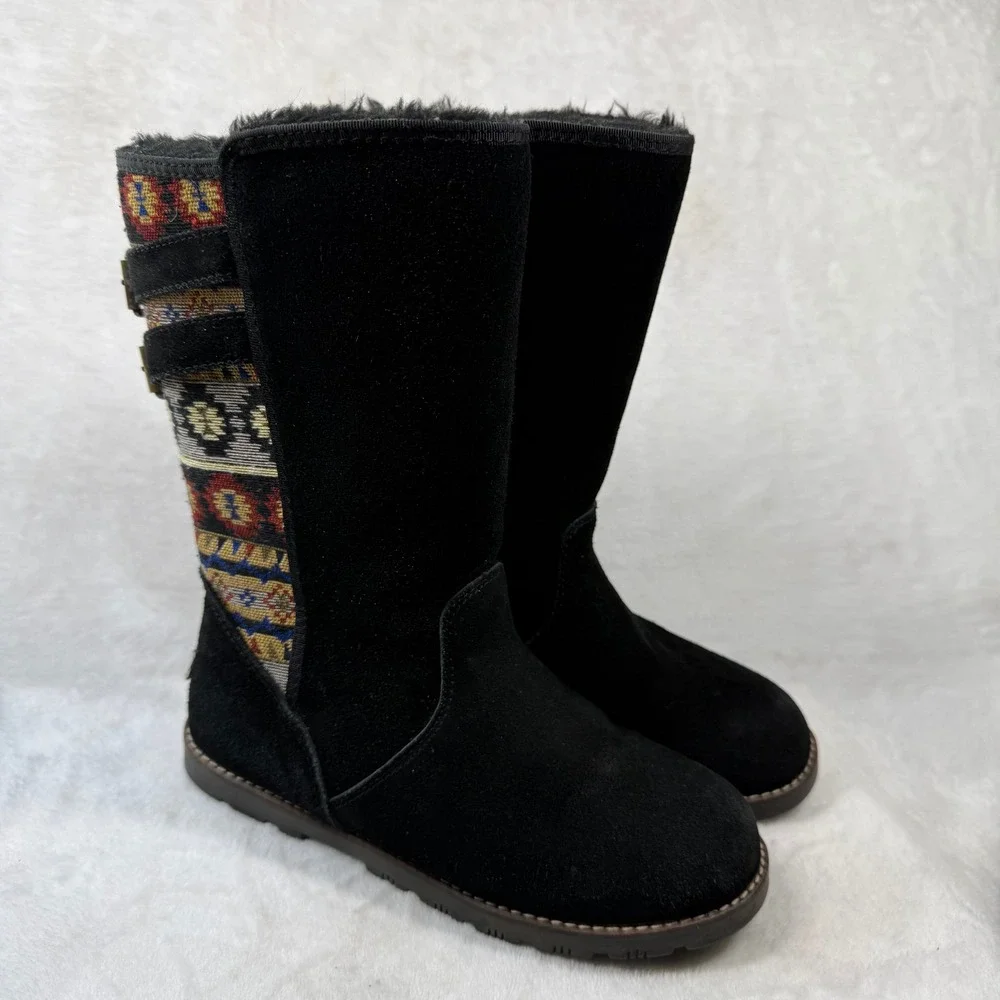 Lam Malanie Black Suede‎ Southwestern Tribal Buckle Mid-Calf Winter Boots 7