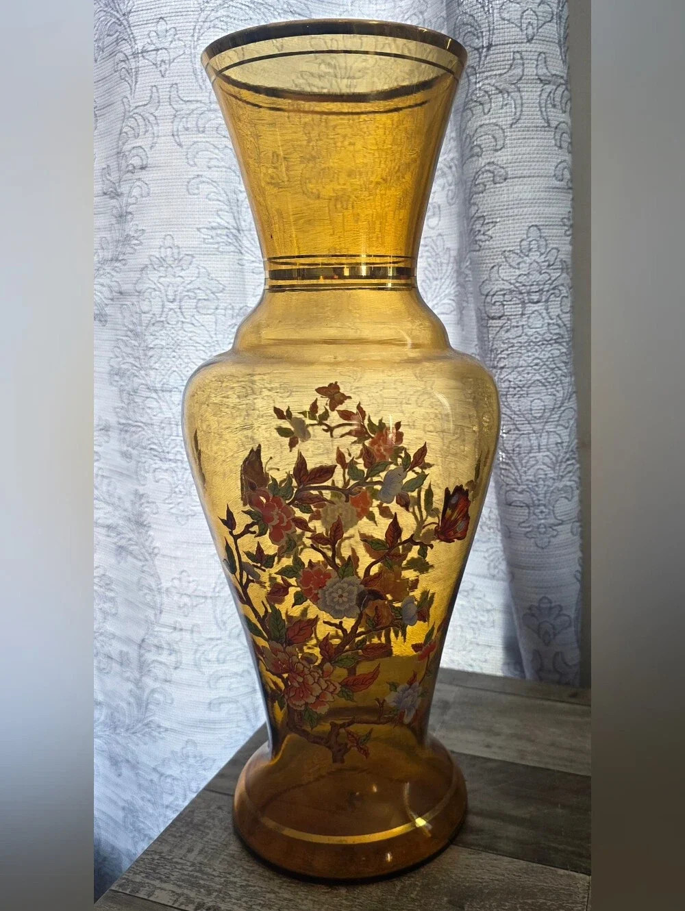 VINTAGE Peru TALL GLASS AMBER VASE GOLD,FLOWERS,LOTUS BLOSSOMS,BUTTERFLIES