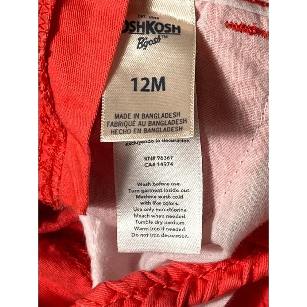 OshKosh B'gosh Baby‎ Girls Coral Floral Embroidered Overalls 12M Cotton