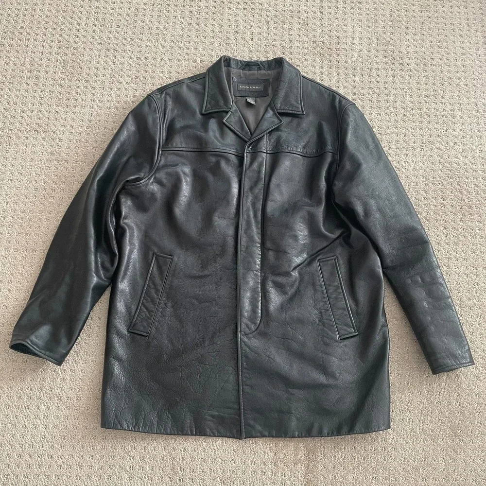 Vintage Banana Republic Over Coat Jacket Men XL Black Genuine Leather Button Up