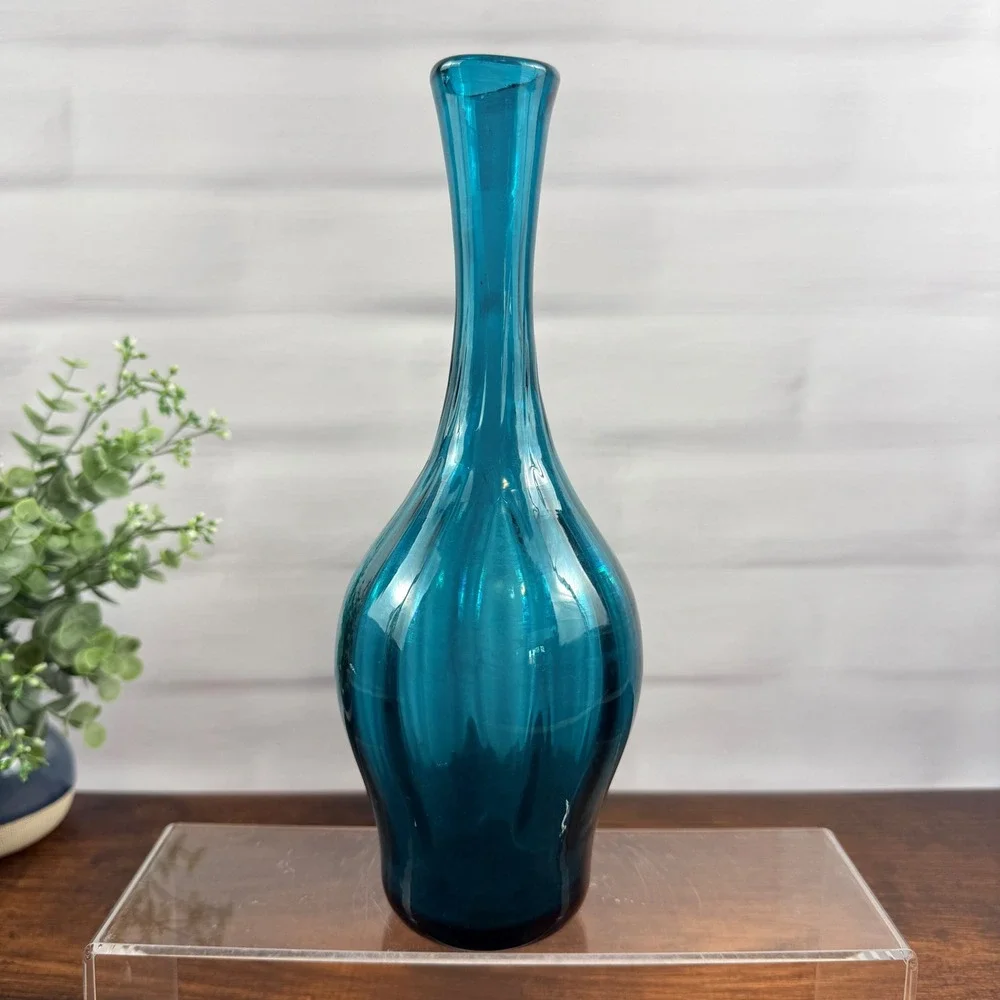 Blenko 64D Peacock Glass Bottle Vase Joel Myers MCM 10