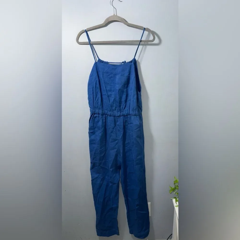 Everlane women’s blue 100% Linen Shoestring Jumpsuit Sixe XS EUC earthy comfort