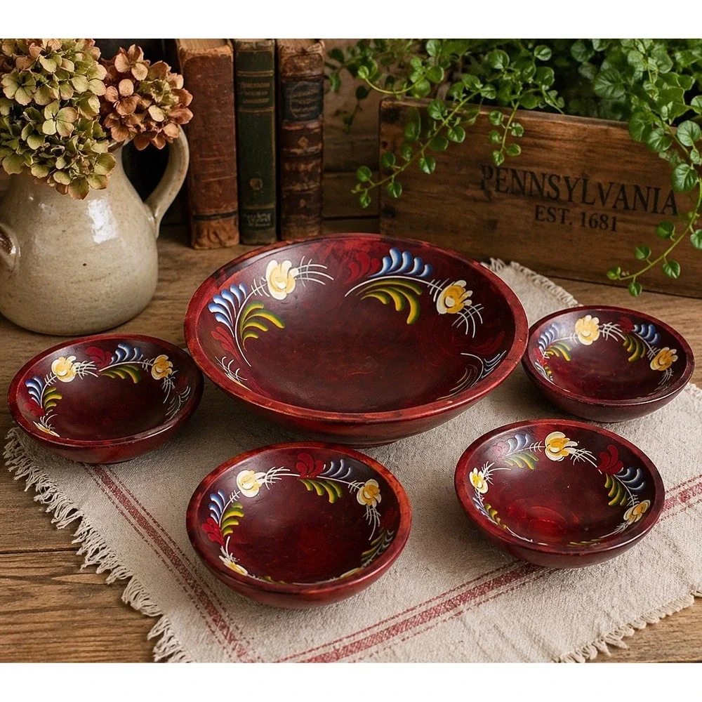 Vintage Woodcraftery Bowls Pennsylvania Dutch Hand Painted 5 Piece Salad Set