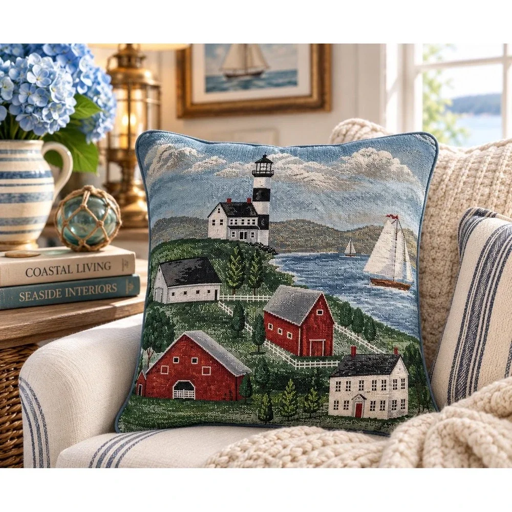 VTG Nautical Sailboat Lighthouse Pillow Coastal Blue 17