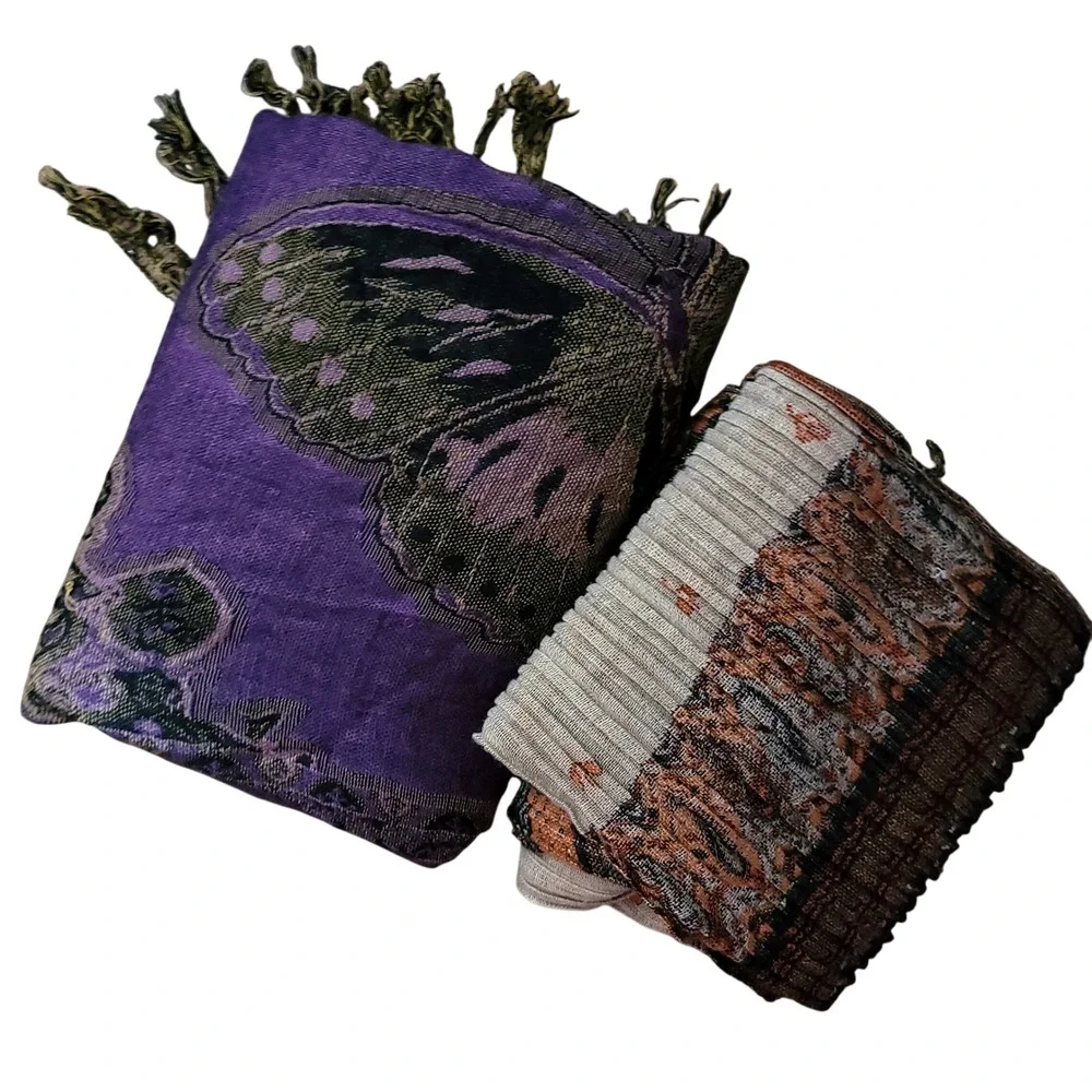 Bohemian Scarf Bundle Rust Orange Pleated Woven & Purple Butterfly Wrap Lot‎ 2pc