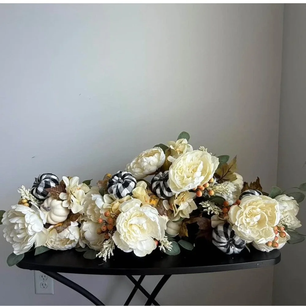 Fall Floral Stem Cream Peonies Buffalo Plaid Pumpkins White 19in Lot of 4