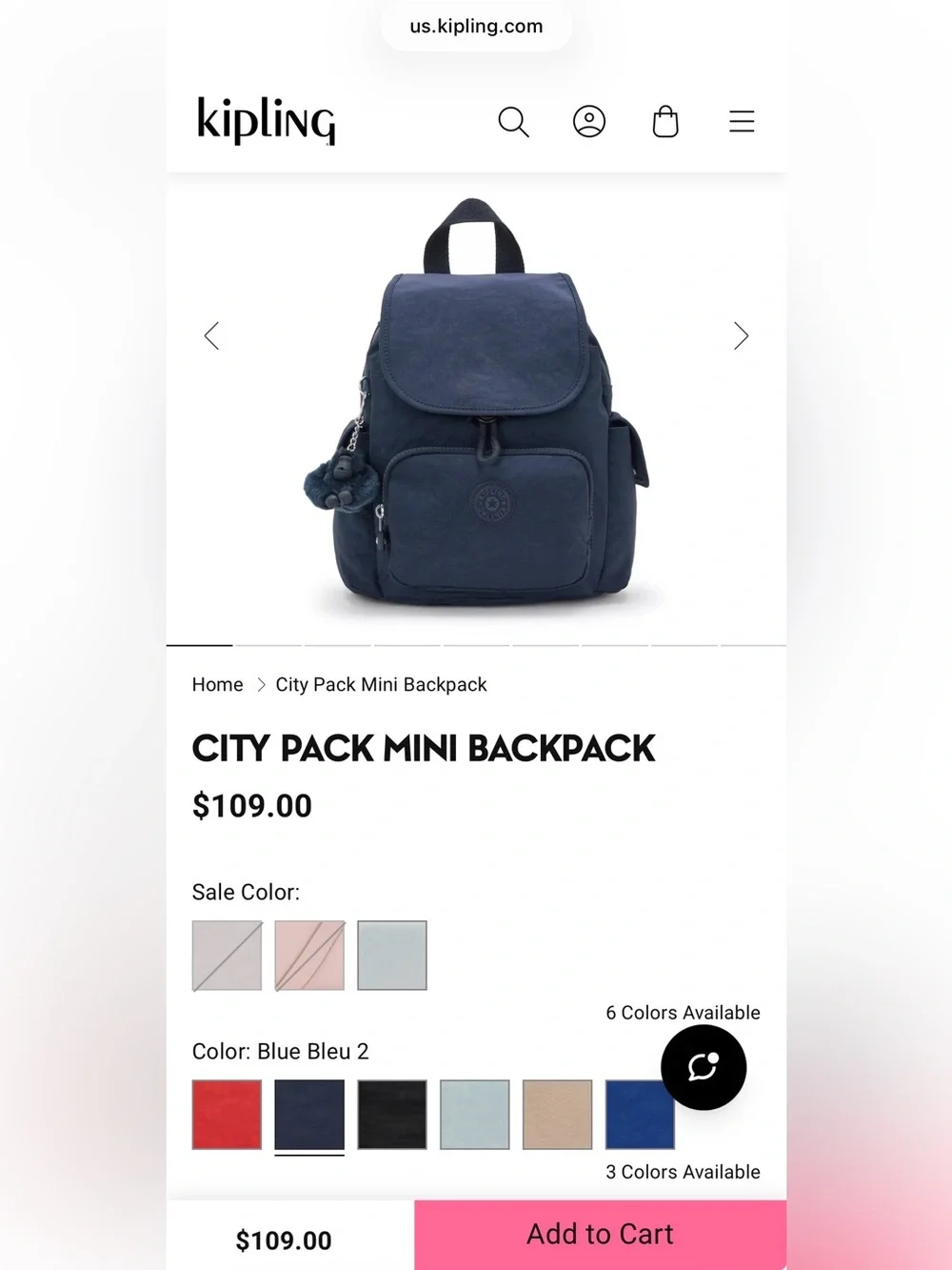 Kipling City Pack Mini Navy Backpack with Monkey Key Charm