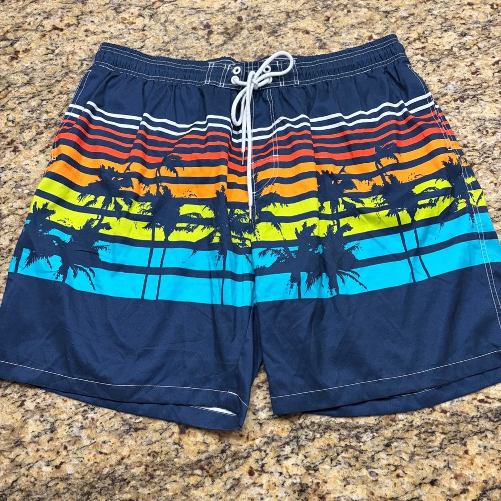 Kailua Surf Mens 4X Swim Trunks Navy Blue Palm Tree Sunset Stripe Board Shorts