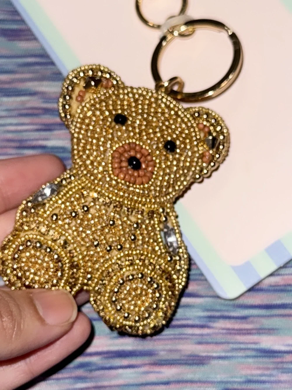 Handbeaded Beaded Teddy Bear Keychain Bag Charm - Gold