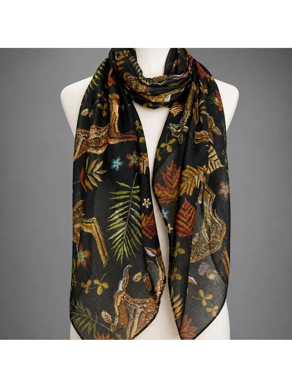 Black Scarf with Autumn Leaves and Deer Print