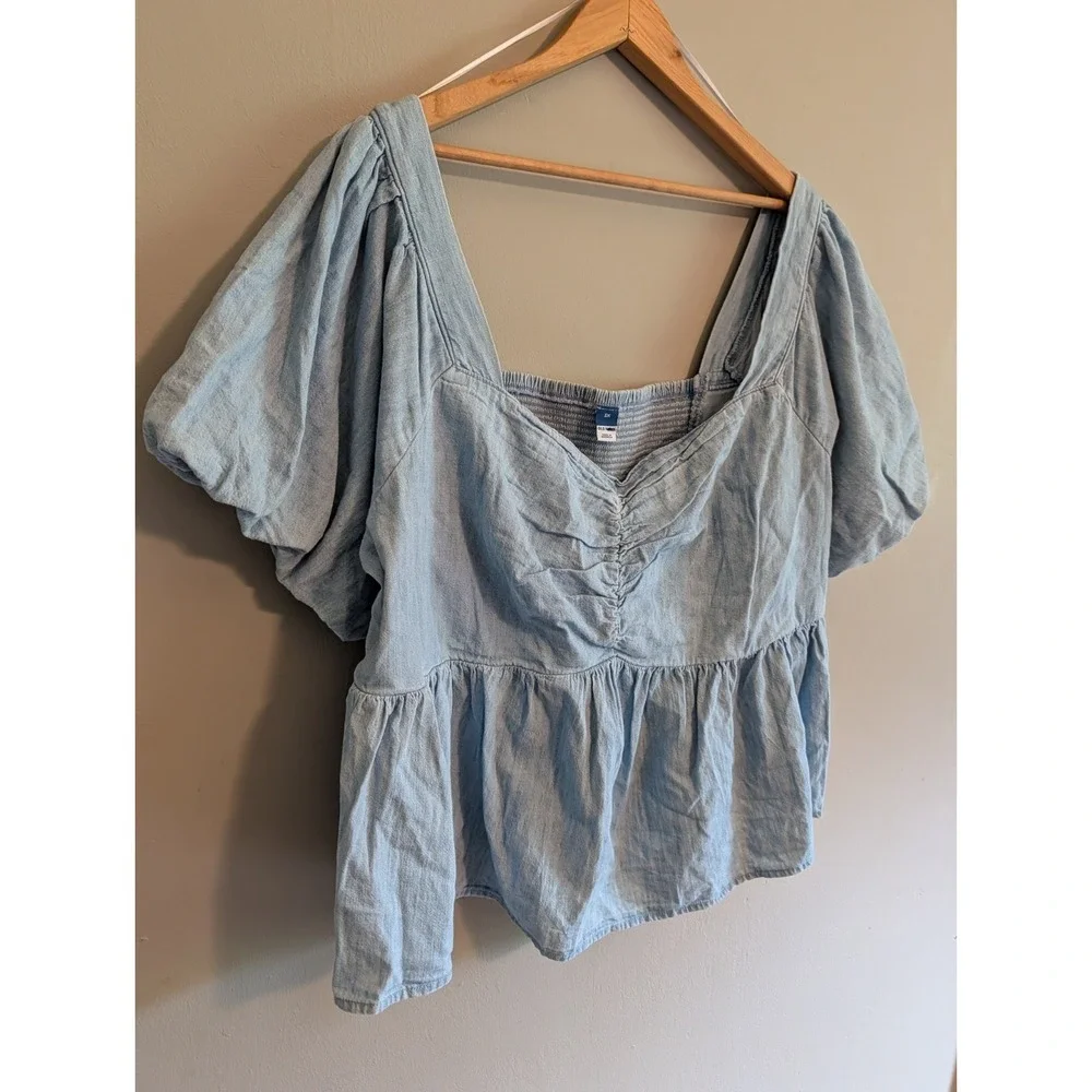 Old Navy 3X Denim Chambray Peasant Top‎ Puff Sleeve Smocked Boho Prairie Cottage