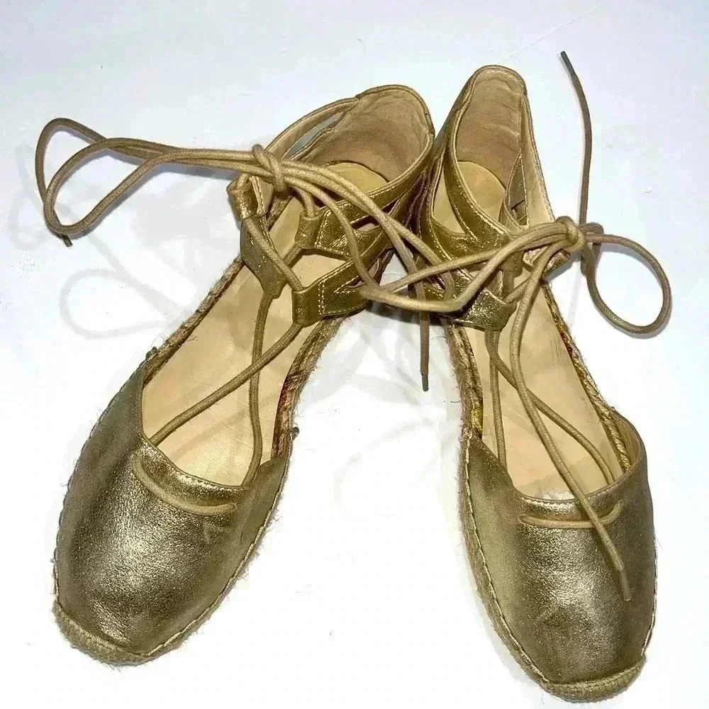 Marc Fisher genuine soft leather, gold, ankle tie, flat, espadrilles, shoes,