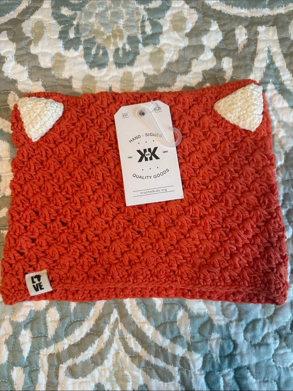 Kids Orange Crochet hat with Cream Ear Accents by Hand-Signed