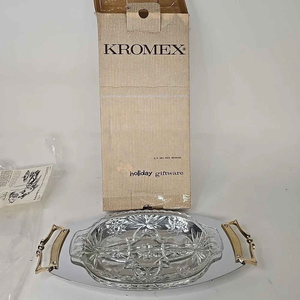 MCM‎ Art Deco Kromex Chrome Relish Aerver w/ Brass Handles