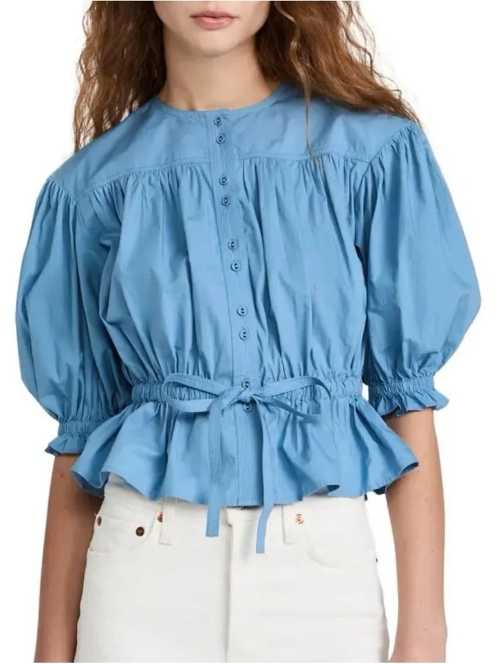 Ulla Johnson Sky Blue Puff Sleeve Tie-Waist Blouse