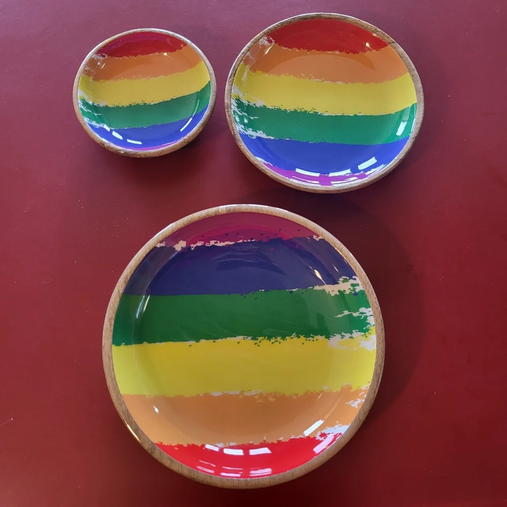 3 Kitchen Bowl Set Wooden Rainbow Pride Pattern Spotisan Multicolor New India