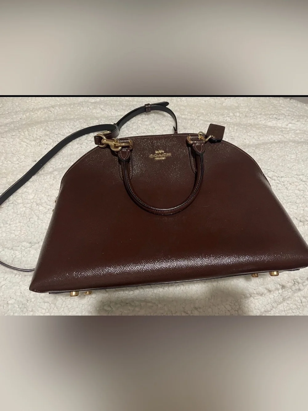 Coach Oxblood Quinn Patent Crossgrain  Leather Satchel.