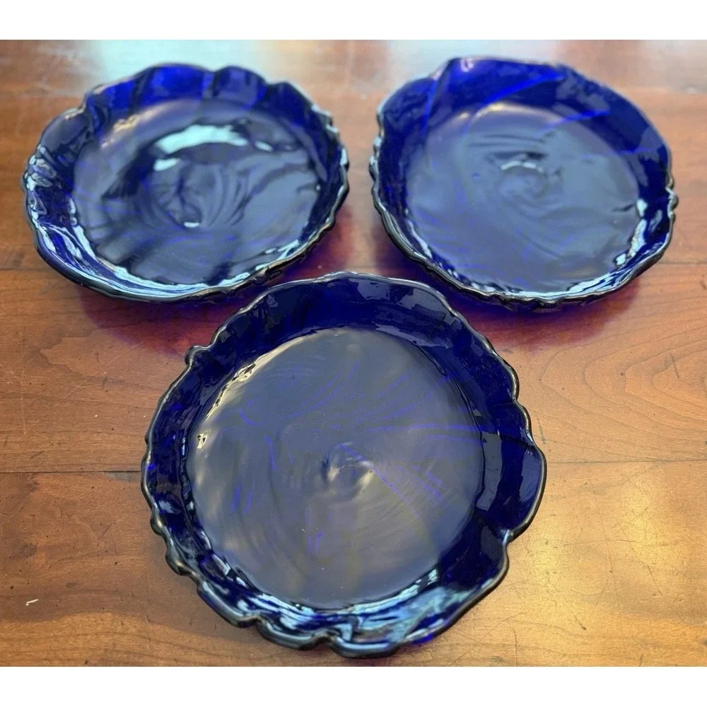 Vintage Arcoroc France Cobalt Blue Cabbage Leaf Glass Plates Set of 3