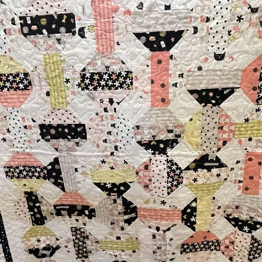 Handmade Cats and Camper Trailers Patchwork Quilt Blanket Pink