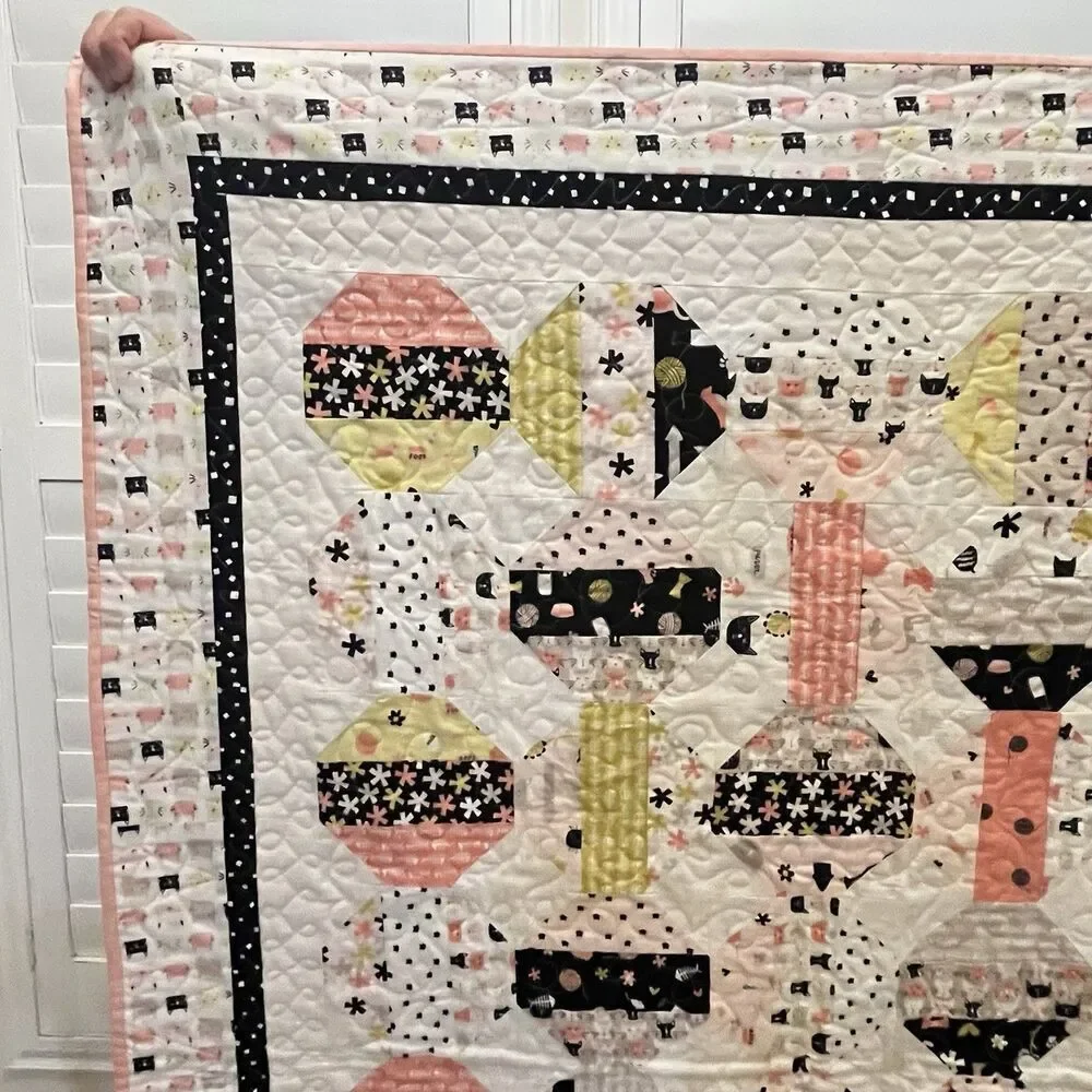 Handmade Cats and Camper Trailers Patchwork Quilt Blanket Pink