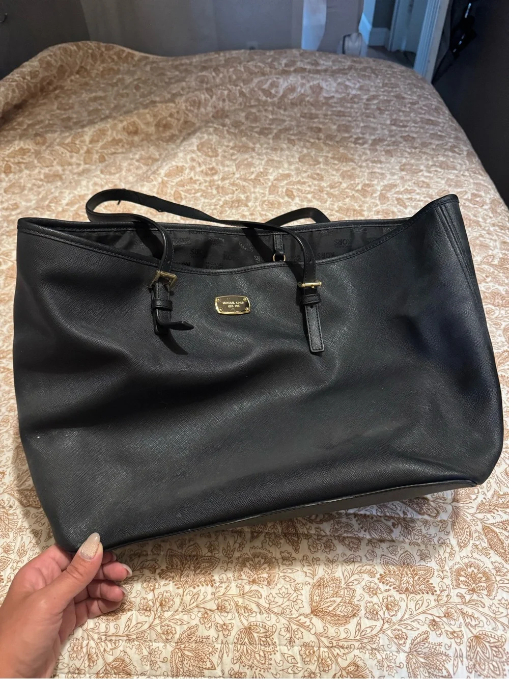 Michael Kors Black Leather Tote with Gold Plaque Accents