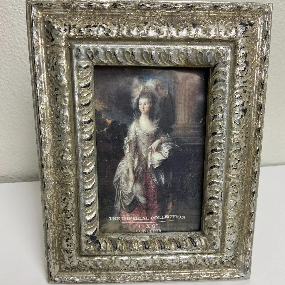 Vintage Heavy Picture Frame Silver Patina Glass