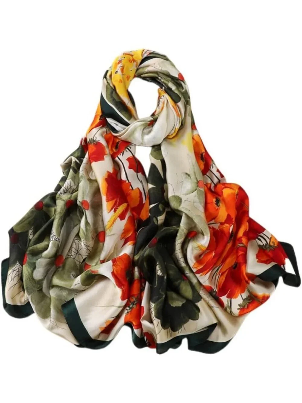 Women's White Orange Light Silk Like Scarves Flower Print Head Cotton Wrap Scarf