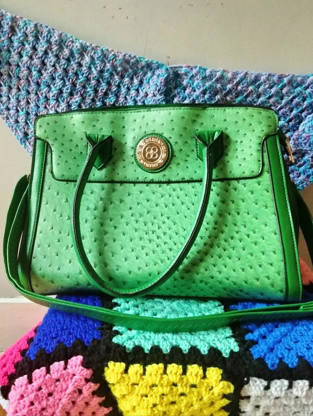 Green Faux-Ostrich Satchel Handbag - Unbranded