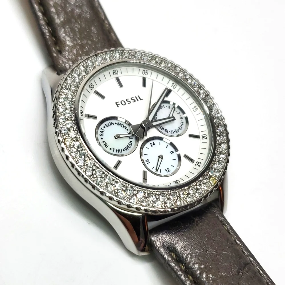 Fossil Watch ES2995 Silver Crystal Brown Leather Wristband White Face NWT