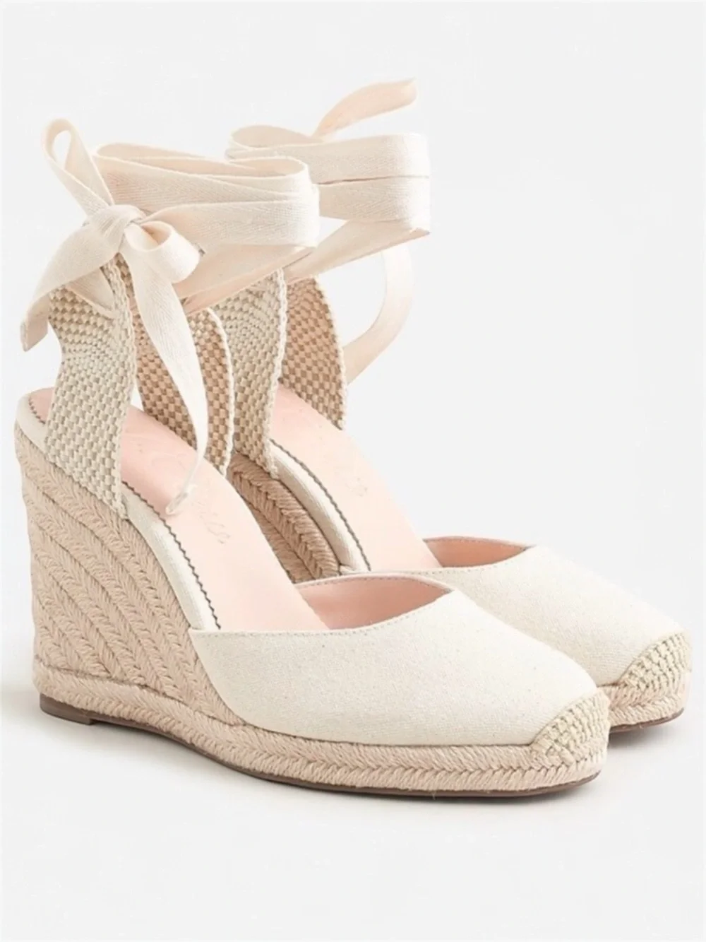 J. Crew Cream Round Toe Canvas Espadrille Wedges Size 9.5 Made in Spain