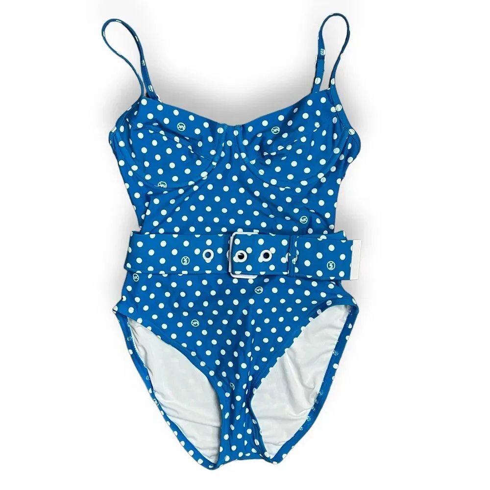 Michael Kors Swimsuit 6‎ Blue Polka Dot Belted Underwire One Piece Retro Resort