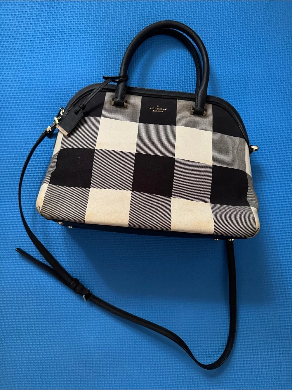 kate spade Black and Cream Plaid Dome Satchel with Crossbody Strap