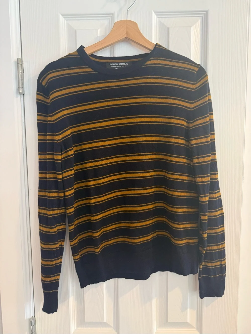 Banana Republic Men's Navy Crewneck Sweater with Mustard Stripes
