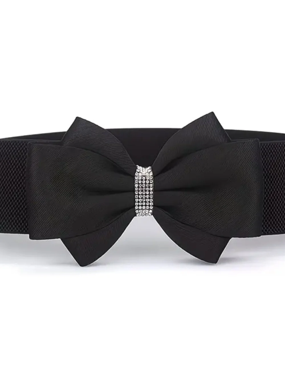 Black Bow-Accent Elastic Waist Belt with Rhinestone Center