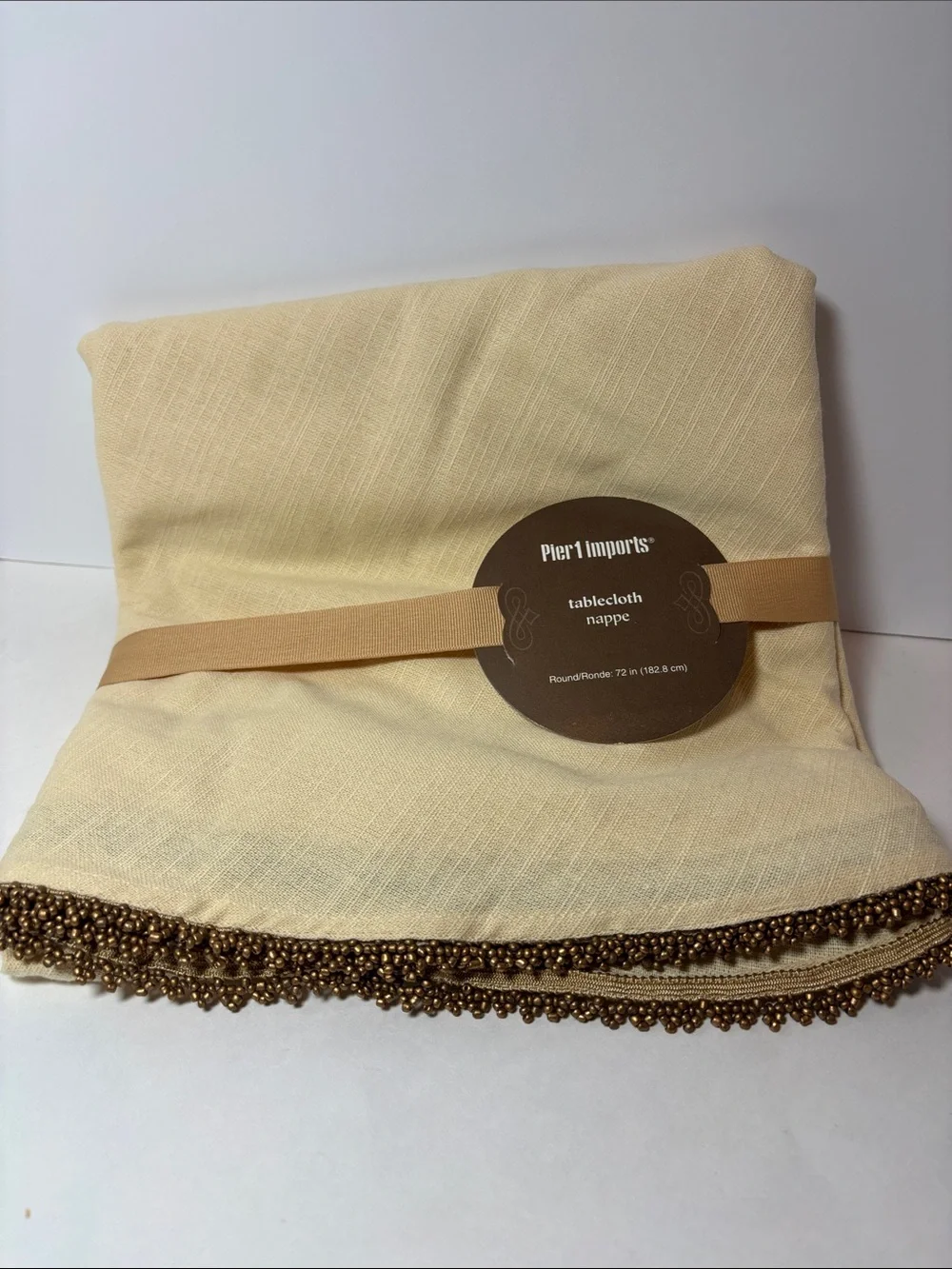 Pier 1 Cream Tablecloth with vintage gold Beaded Fringe