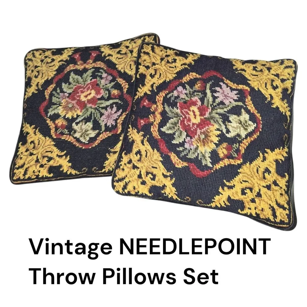 2 Vtg Needlepoint 12x12 Floral Gold Navy Wool Zip Grannycore Sofa Throw Pillows