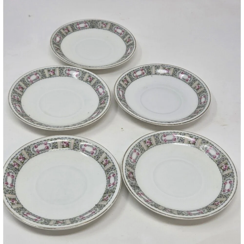 KPM Krister Germany‎ Porcelain Saucer Set 5 Pink Rose Garland Gold Trim Antique