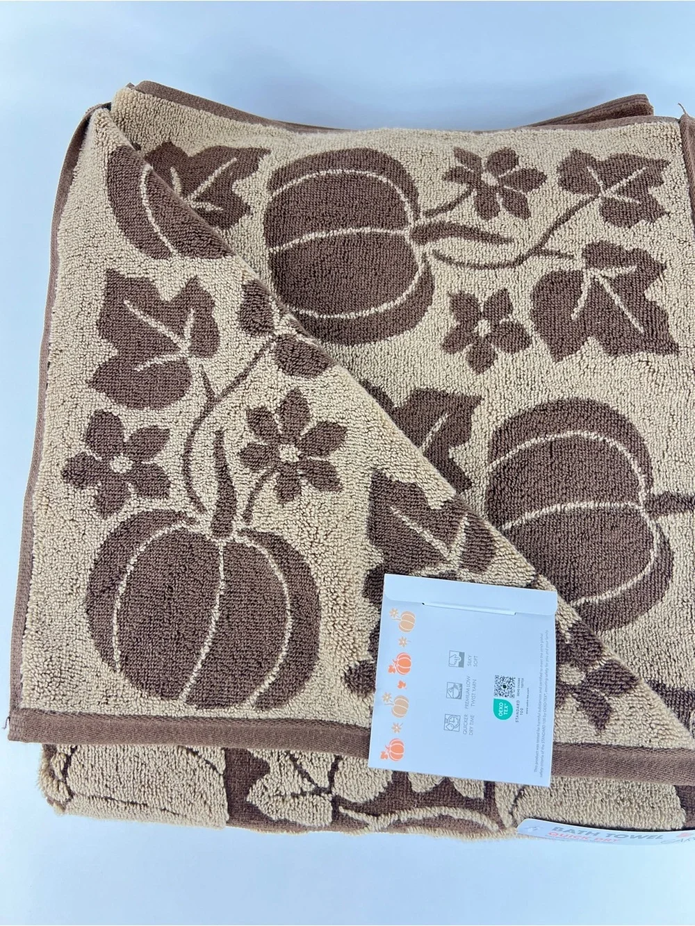 Caro Home Bath Towels Pumpkins Leaves Brown Tan Soft Cotton FALL Decor  2 Pc NEW