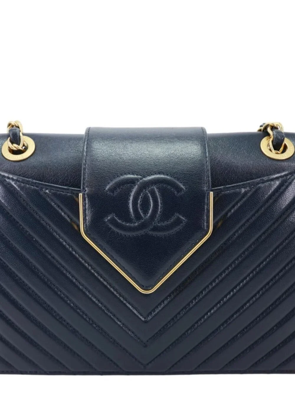 Chanel  Collar and Tie Flap Mini Chevron Sheepskin Leather Crossbody Bag Navy Bl