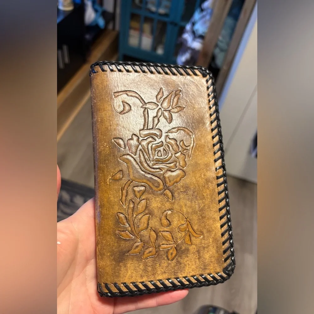 Vintage tooled leather billfold wallet R.K.