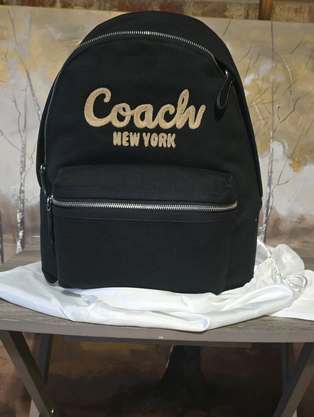 Coach New York Black Canvas Backpack with Gold Logo
